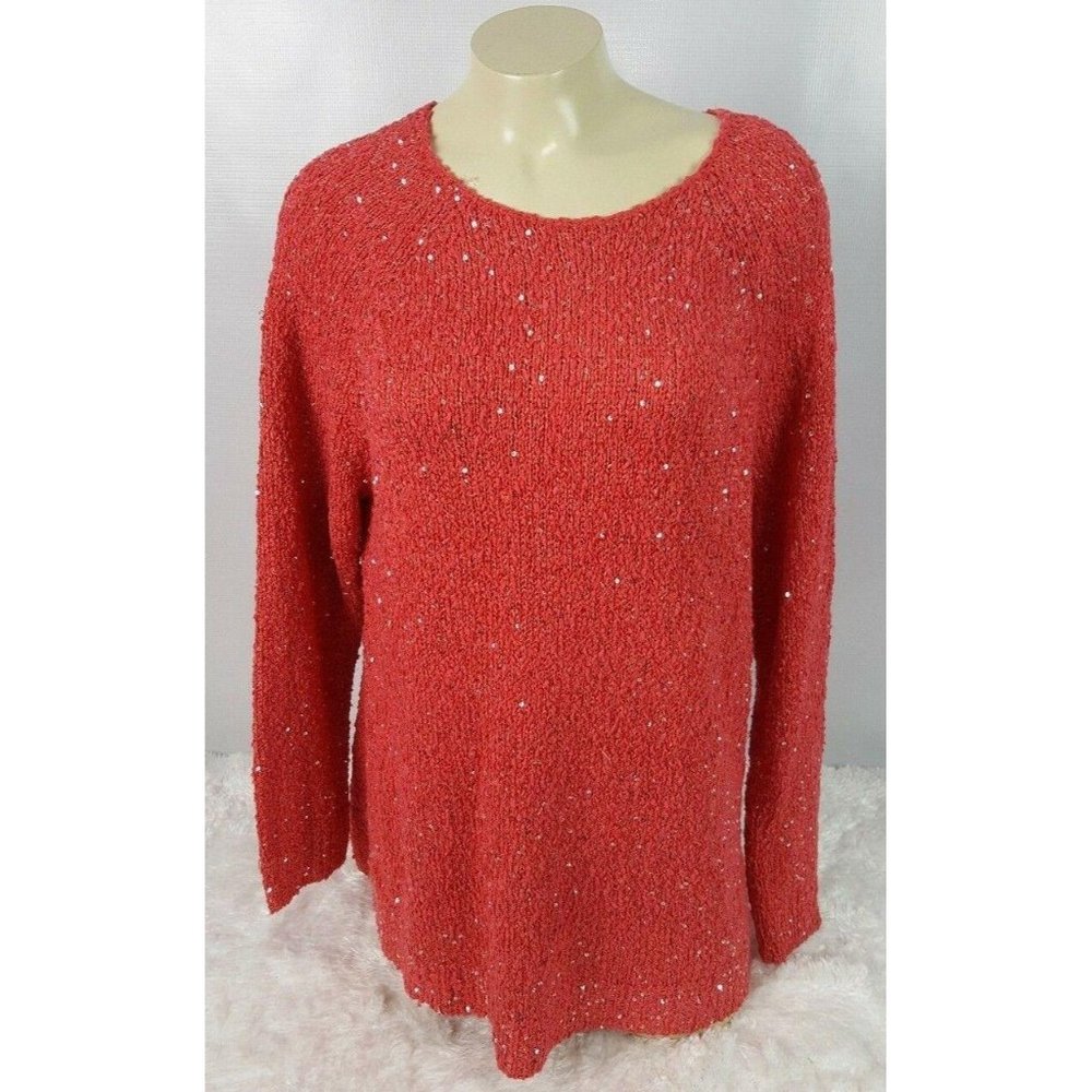 Chico's Sweater Women 2 Size Large 12-14 Holiday Long Sleeve Shimmer Salmon-red